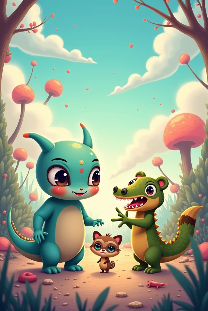 Alien, Crocodile, raccoon  in cute style