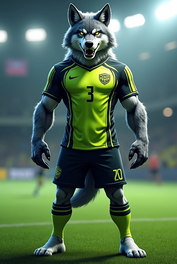 Field soccer team mascot, wolf with lime green black white uniform without number on the shirt 