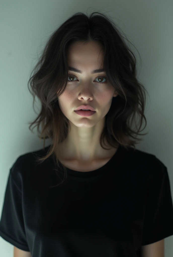 woman in a black tshirt, in the style of sterling silver highlights, samyang af 14mm f/2.8 rf, realistic portrait --ar 71:128 --stylize 750 --v 6