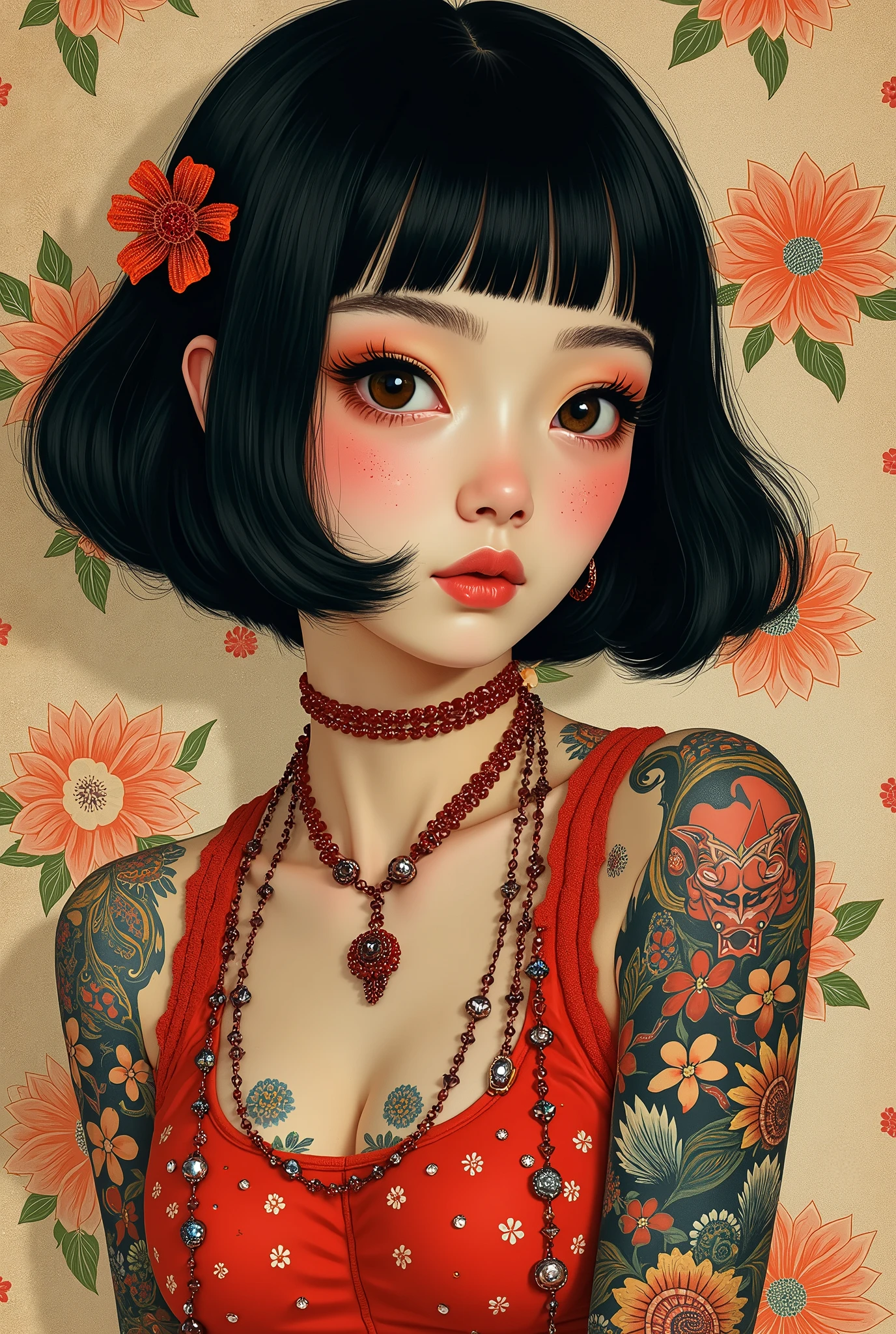 A mesmerizing, hyper-realistic and surreal illustration of a young japanese woman. She has black hair with blunt bangs, and wears a vibrant red outfit adorned with intricate floral patterns. Freckles dot her smooth, warm complexion, and bold, colorful tattoos cover her arms and legs. The tattoos feature traditional Japanese motifs like flowers and mythical creatures, rendered with meticulous detail. The background is a vintage floral-patterned wallpaper that complements the artwork's colors. The line work is precise, with delicate shading that gives the illustration a 3D quality. The artwork fuses modern illustration techniques with traditional Japanese aesthetics, resulting in a visually striking