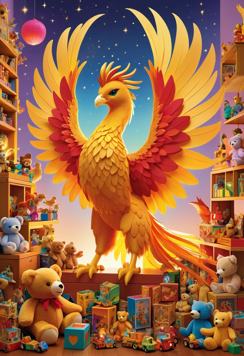 A whimsical illustration of a mythical Phoenix surrounded by its beloved toy collection. The majestic creature sits proudly amidst a colorful array of vintage and modern toys, including teddy bears, building blocks, and wooden dolls. Soft golden light illuminates the scene from above, casting a warm glow on the toys and the Phoenix's radiant plumage.