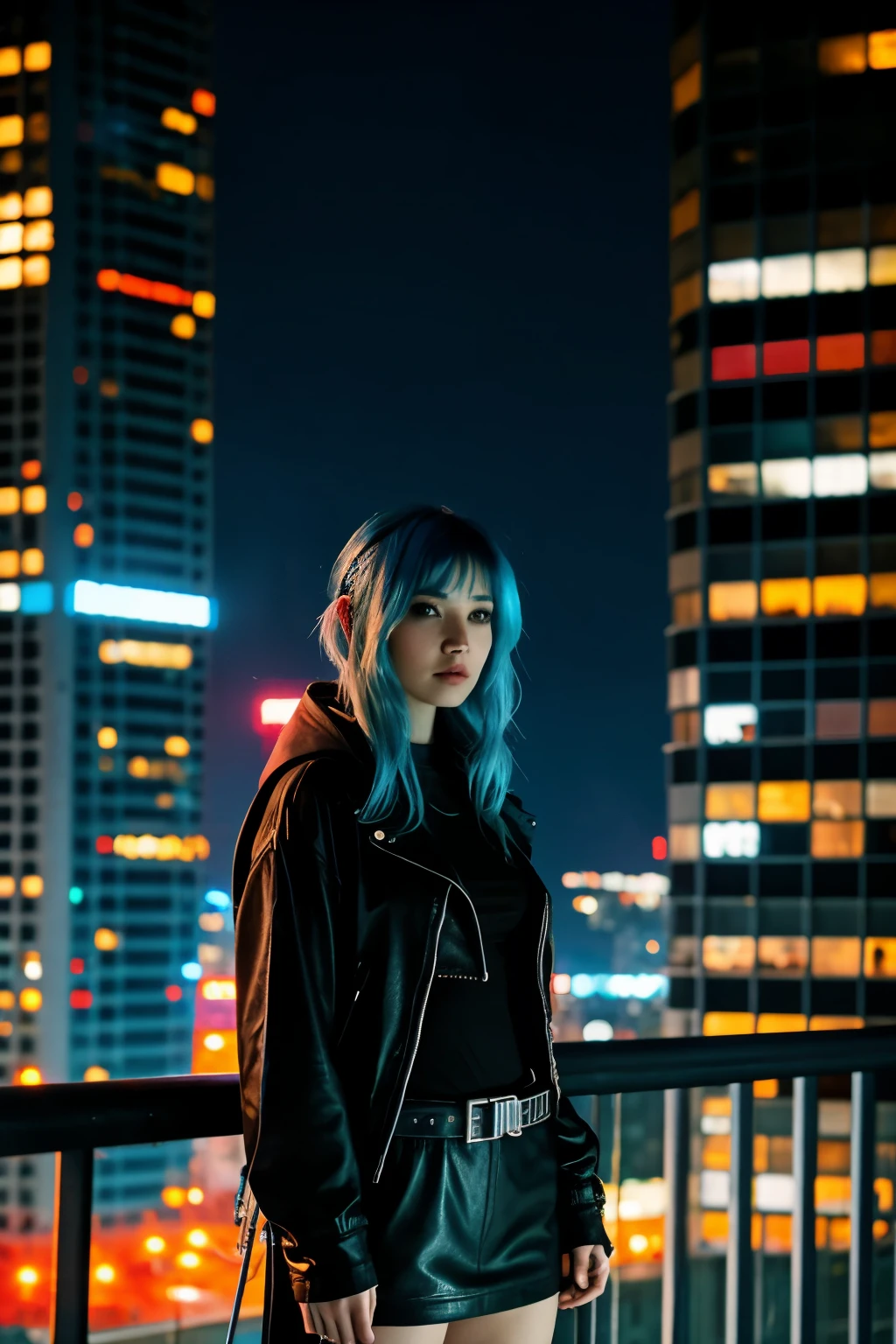 woman. blue hair. stands on the balcony of a cyberpunk city. night. realistic