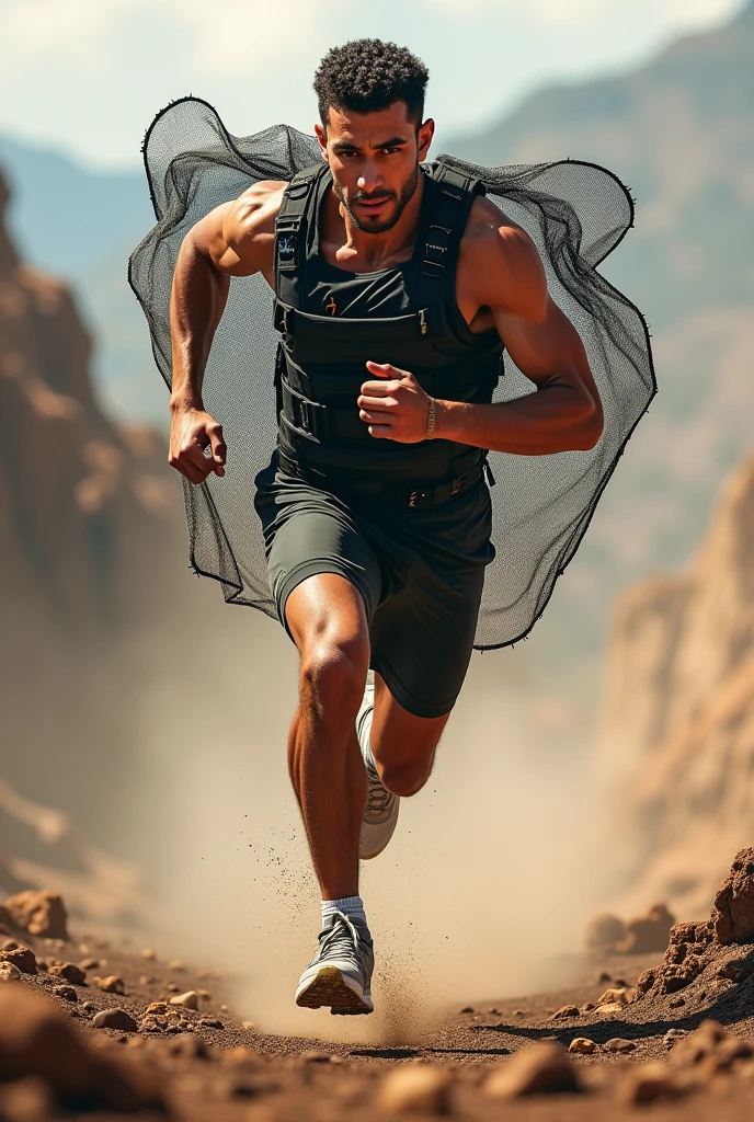 Athlete running with a net to protect him