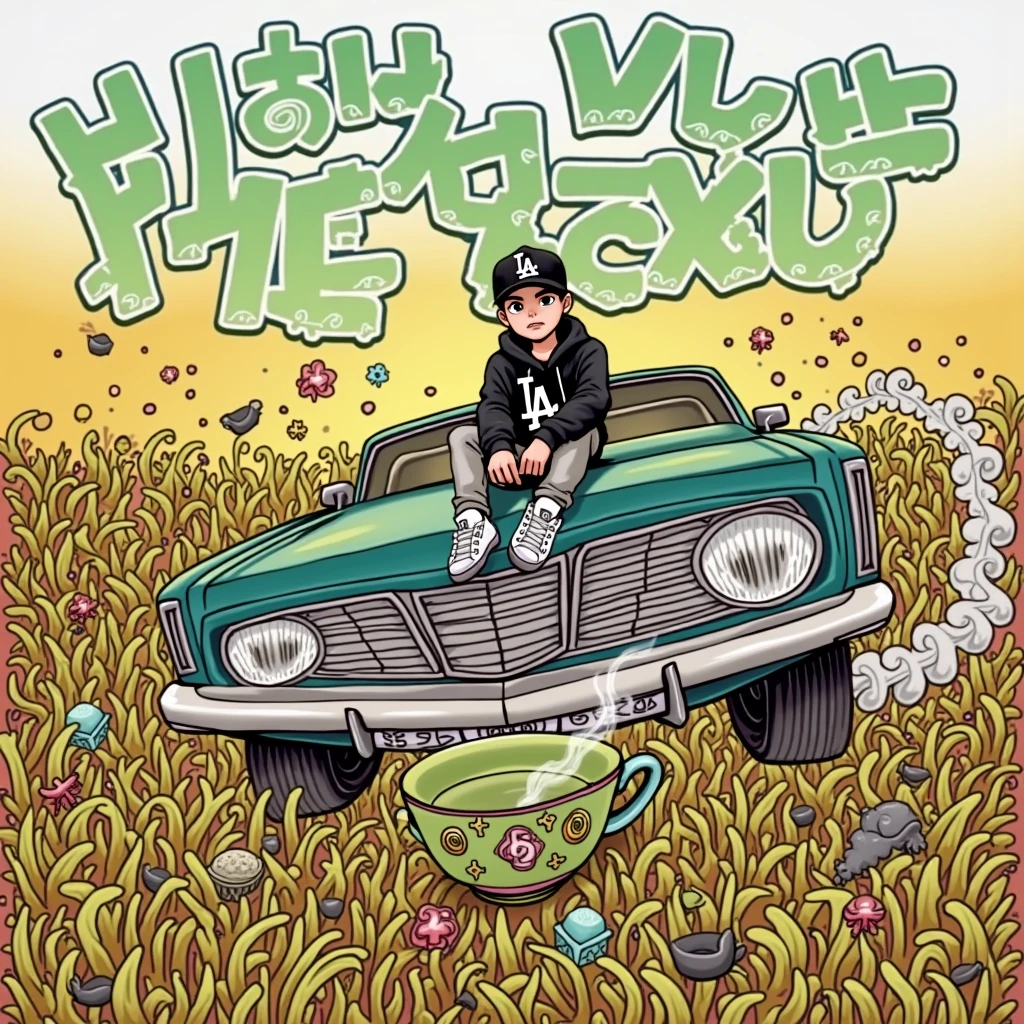 Image of a man sitting on the bonnet of a car, Yoshihiko Wada's album cover, winner of the behance contest, Doodle, official artwork, rap album cover, hip - hop album art cover, colored album art, hip hop music album cover, rap album cover art, official fanart, GTA Cover, hip hop album cover, album art cover, cartoon, Disgruntled Asian Boy, Running car, Green background, green tea, Deep pressed black LA ball cap, white nike shoes, Black LA Hoodie