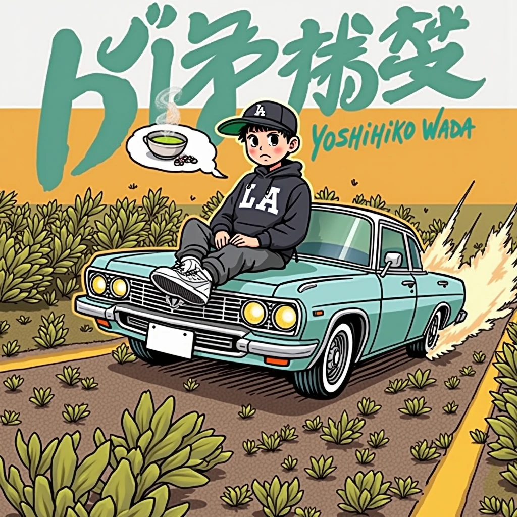 Image of a man sitting on the bonnet of a car, Yoshihiko Wada's album cover, winner of the behance contest, Doodle, official artwork, rap album cover, hip - hop album art cover, colored album art, hip hop music album cover, rap album cover art, official fanart, GTA Cover, hip hop album cover, album art cover, cartoon, Disgruntled Asian Boy, Running car, Green background, green tea, Deep pressed black LA ball cap, white nike shoes, Black LA Hoodie