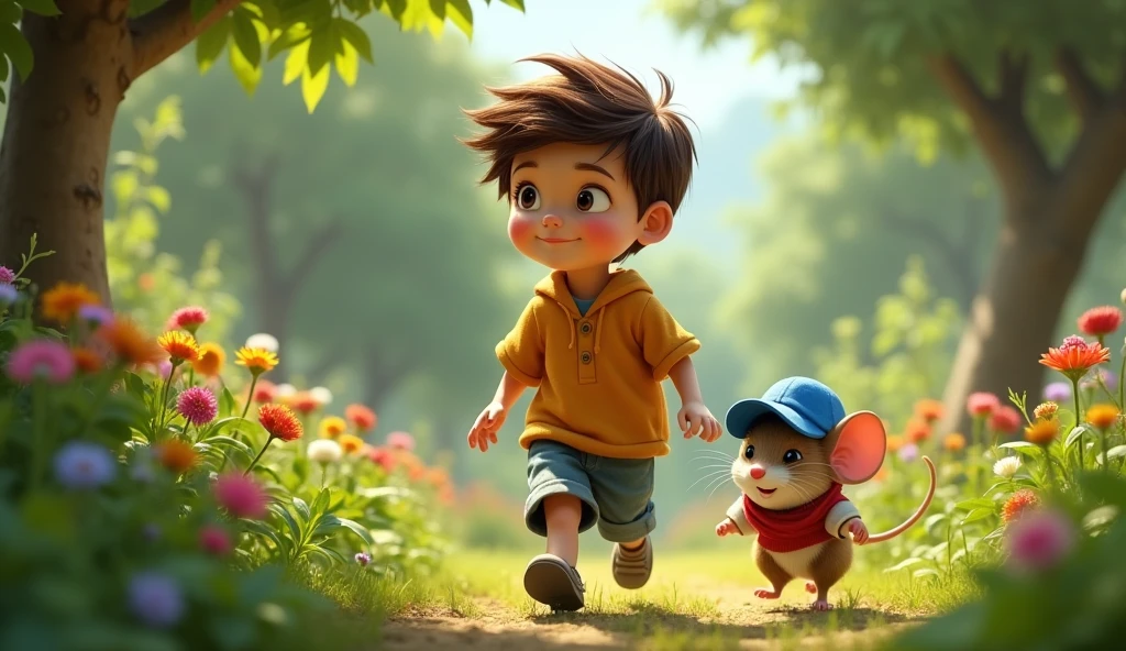 An investigation of the  (( boy)) walking in a garden at the back of his house.  Meeting a little mouse in a blue hat, they walk together happily, in the garden.