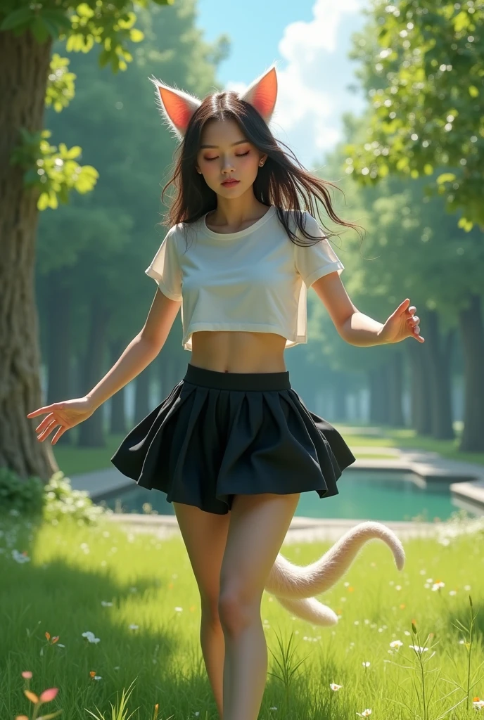 (photorealism:1.2), Girl in white crop top and black skirt is hypnotized into acting like a cat in a park
