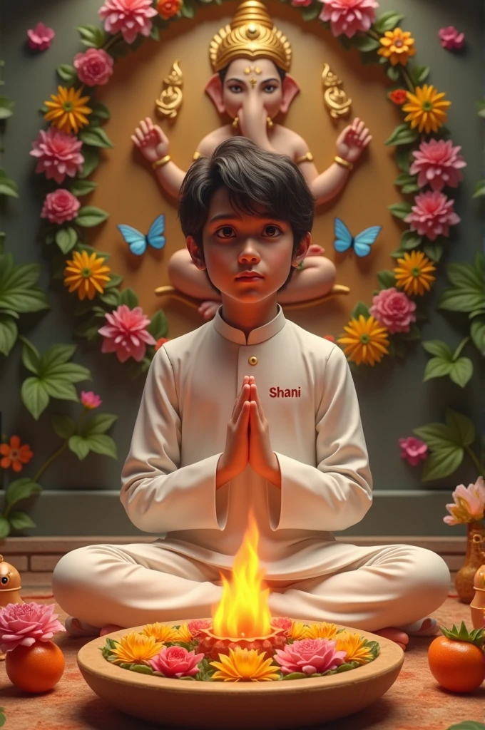 A 20 years old boy, is seated and praying in front of a Shivling adorned with flowers and belpata (green leaves). Behind him, there's a floral board with an image of ganpati bappa. The boy is wearing a white kurta on which name "shani" written clearly , have stylish hair and look very cute, enhancing the spiritual or religious ambiance.