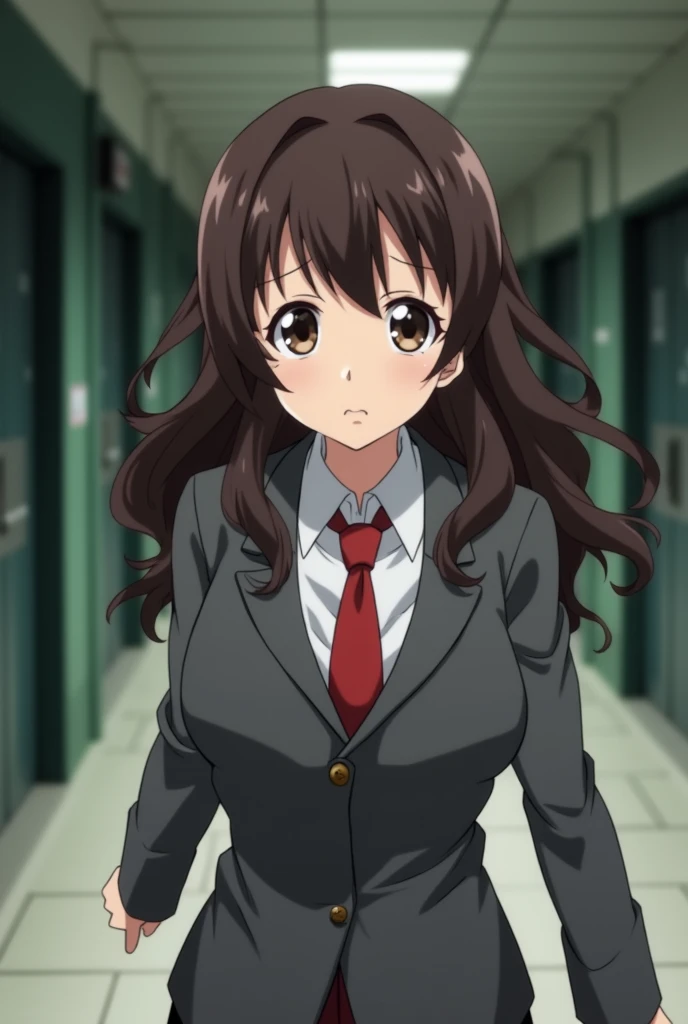 Boku no hero academia screenshot, beautiful woman, dark brown wavy hair,dark brown slanted eyes, upset expression on face, uniform gray coat red tie, walked,school hallway background, looking at the camera from below, low angle