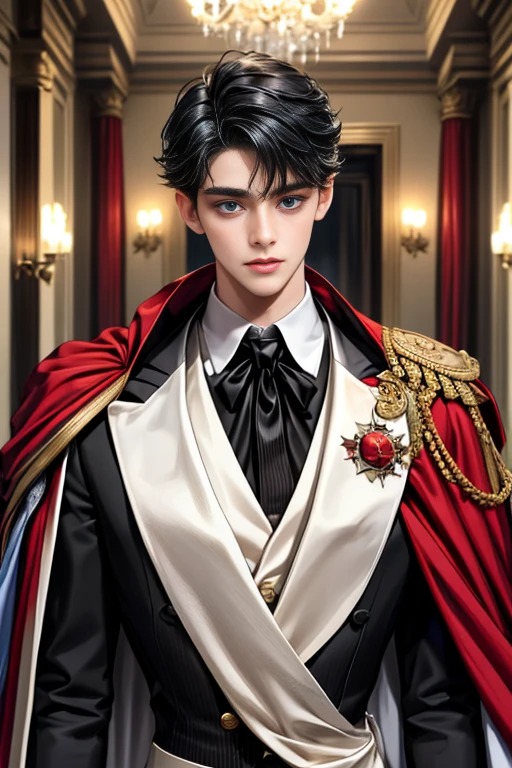 masterpiece, 最high quality, high quality, 1 boy, alone, Male focus, Upper Body,Watching the audience, Messy black hair, Adorable big blue eyes, White, Noble, Noble,A black and red cape that is bursting with sexy volume、Tuxedo、A very voluminous, large, very large, very large, long, long red and black cape with a high stand-up collar, made of a lot of fabric that reaches down to the floor., ,cute beautiful,Cute, cute, kind, handsome guy