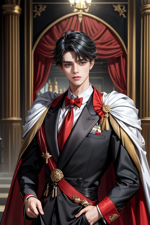 masterpiece, 最high quality, high quality, 1 boy, alone, Male focus, Upper Body,Watching the audience, Messy black hair, Adorable big blue eyes, White, Noble, Noble,A black and red cape that is bursting with sexy volume、Tuxedo、A very voluminous, large, very large, very large, long, long red and black cape with a high stand-up collar, made of a lot of fabric that reaches down to the floor., ,cute beautiful,Cute, cute, kind, handsome guy