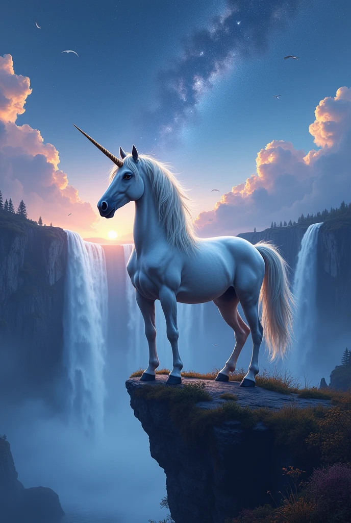 unicorn standing on a cliff with waterfall and stars in the background, unicorn flying in the sky, amazing wallpaper, hd wallpaper, mythical creatures, breathtaking fantasy art, unicorn, fantasy digital art, magic fantasy highly detailed, mythical creature, 4 k hd wallpaper very detailed, high quality desktop wallpaper, highly detailed fantasy art, unicorns, fantasy highly detailed, detailed fantasy digital art, makeup, Realism, cinematic lighting, UHD, 4K, super detail, anatomically correct, highres