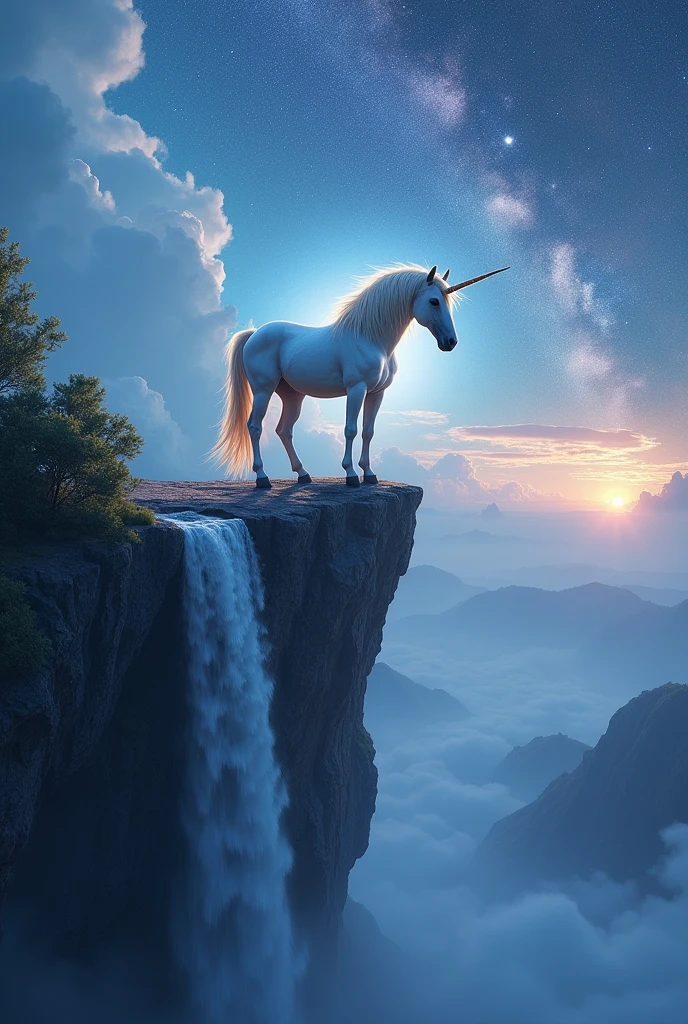 unicorn standing on a cliff with waterfall and stars in the background, unicorn flying in the sky, amazing wallpaper, hd wallpaper, mythical creatures, breathtaking fantasy art, unicorn, fantasy digital art, magic fantasy highly detailed, mythical creature, 4 k hd wallpaper very detailed, high quality desktop wallpaper, highly detailed fantasy art, unicorns, fantasy highly detailed, detailed fantasy digital art, makeup, Realism, cinematic lighting, UHD, 4K, super detail, anatomically correct, highres