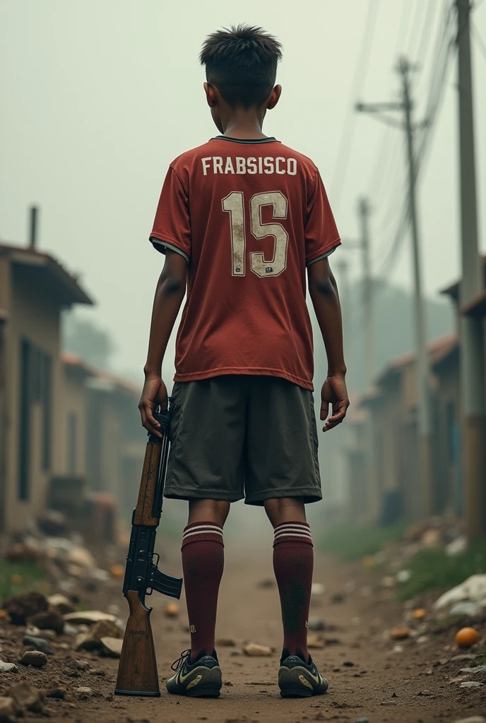 Create a soccer player with his back turned to me and the name FRABSISCO and age 15 years and background  war And in her hands is his weapon 