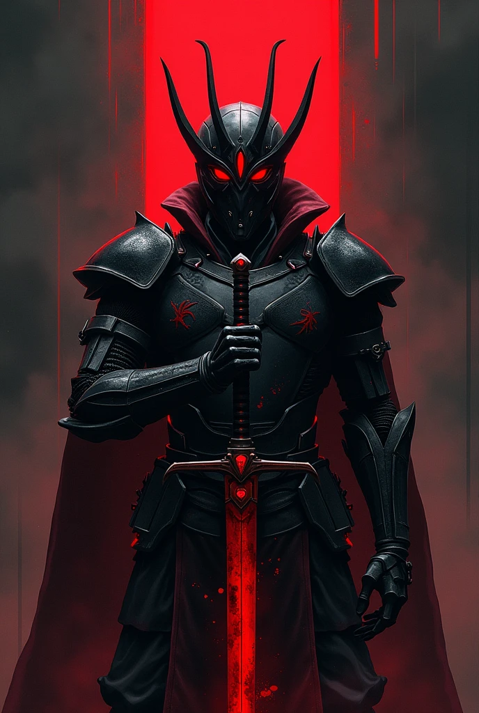 Darkness, king armor, half human half robot, armor blood weakness japanese black, line light red body, red eyes light, sword 3 eyes line