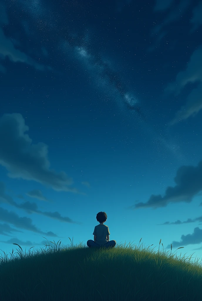 A realistic image of a boy sitting on a hill looking at the clear sky at night tall grasses lonely