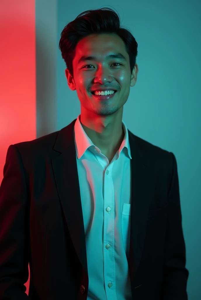 A young man with dark hair and a confident smile. He is dressed in a black blazer over a white shirt. The man is positioned against aqua colour backdrop with a subtle red lighting on the left side. and he posing for Linkedin profile