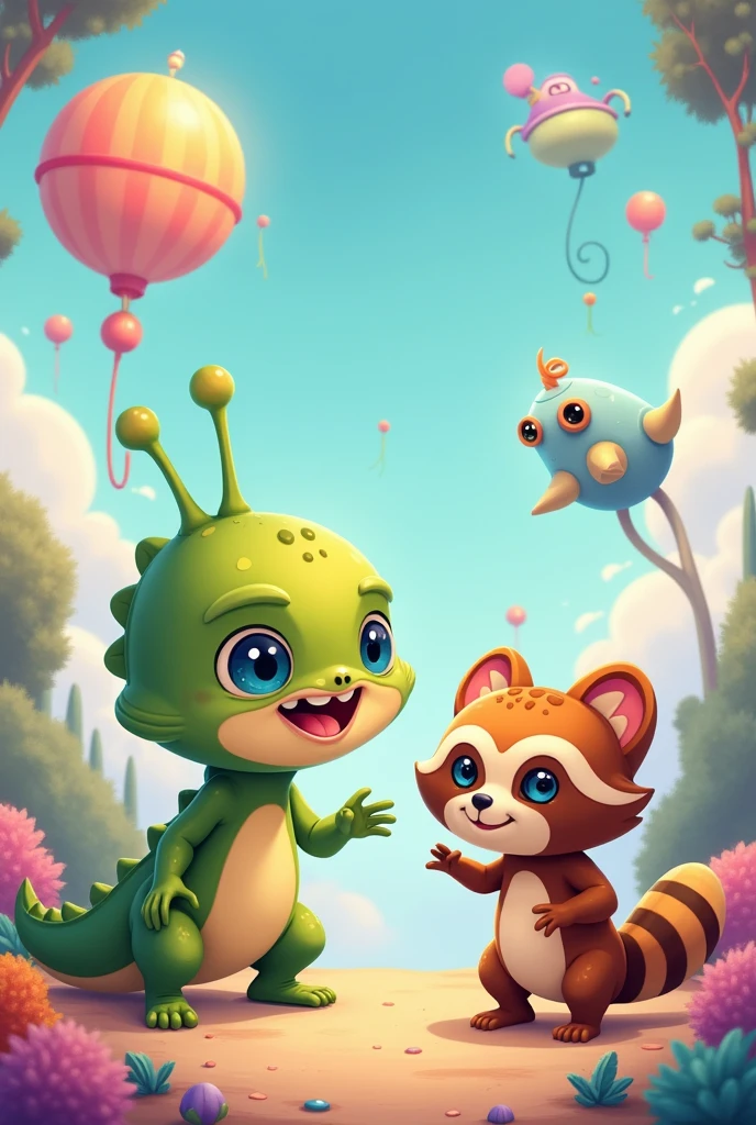 Alien, Crocodile, raccoon  in cute style