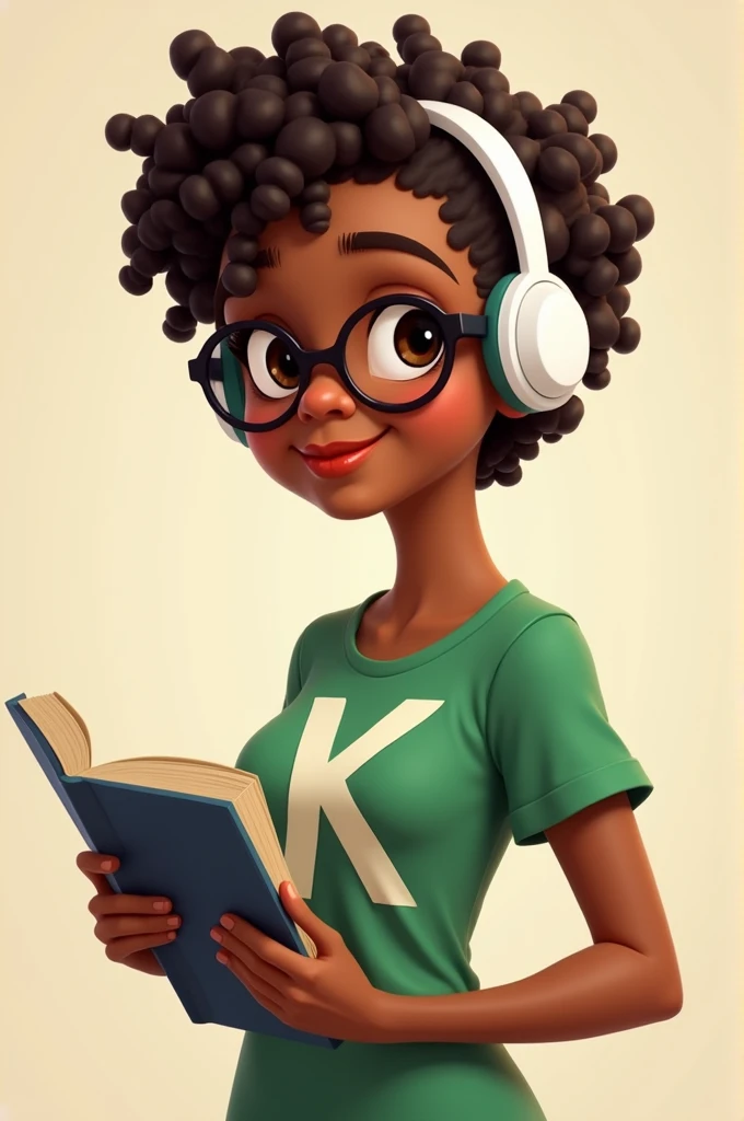 2d female brown skin character with dark brown eyes, very short curly hair, dimples, and glasses. Smart with a book in hand and white headphones on top. Green T-shirt with a design written K