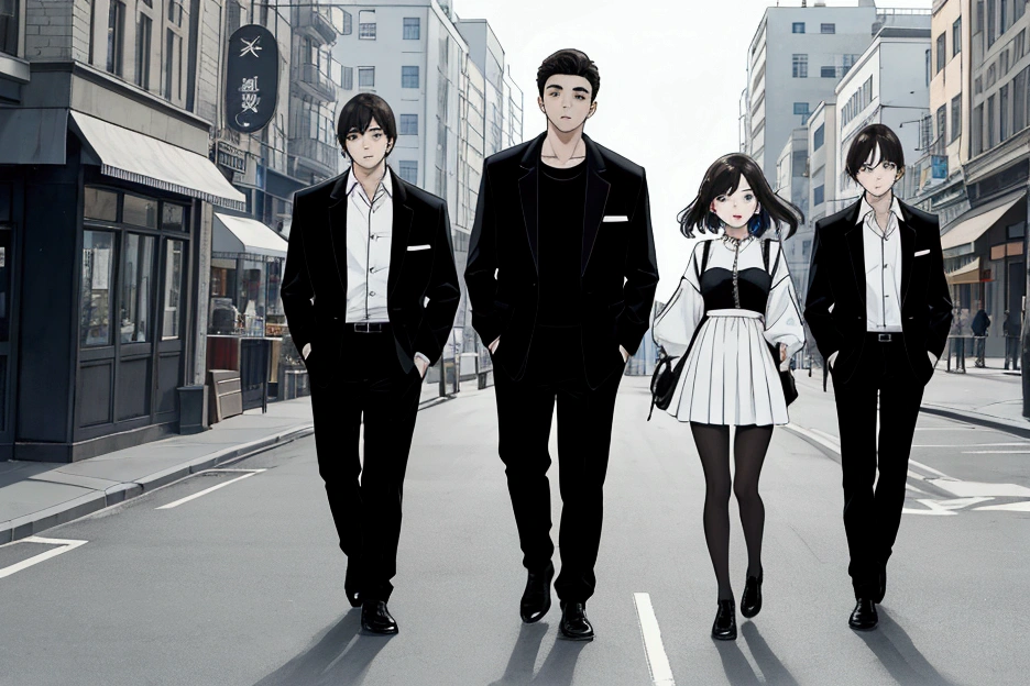 masterpiece, best quality, 4persons standing side by side, a young man and a young woman and a young girl and a very-young girl, look at viewer, on town street, 