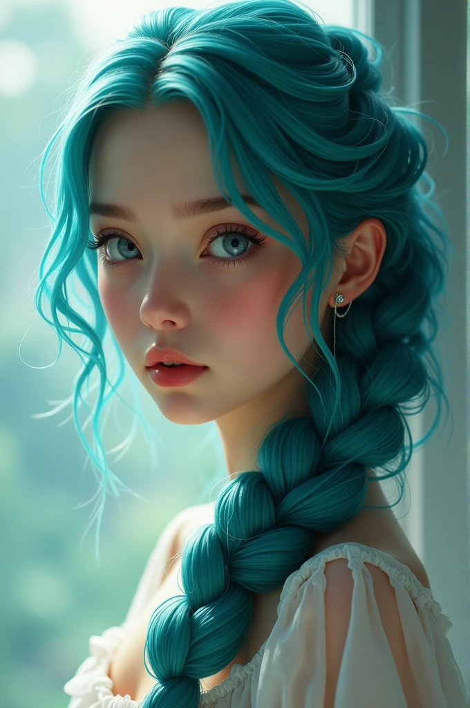 Woman with blue-green hair, a braid