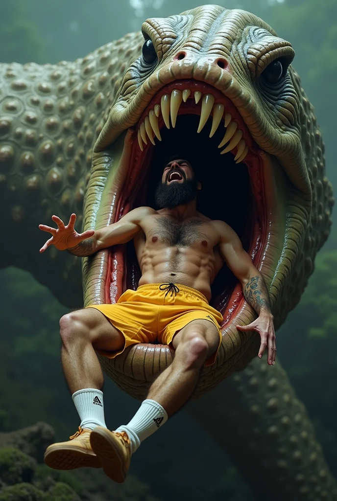 white male 40yo hairy handsome hiker with erect penis being carried by a monster and is swallowed by a giant worm monster, he is yelling in pleasure while becoming sexual food to his predator, interspecies, vore, wet, digestion, inside creature, beard, being swallowed, from above, coil, soccer player, underwear, yellow clothes, dilf, excessive cum, mucus, being swallowed, tattoos, bro, he is being engulfed by a mouth, white socks, claws, dirty sweaty socks, sweaty, wet, cum all over body, hairy body, logo socks, tentacles wrapping body, hardcore vore, digestive acids, maw, muscular athletic body, looking at viewer, erect penis, gym background, giant tongue, wet body, saliva, cum on anus, leaking anus, volumetric lighting, maw
