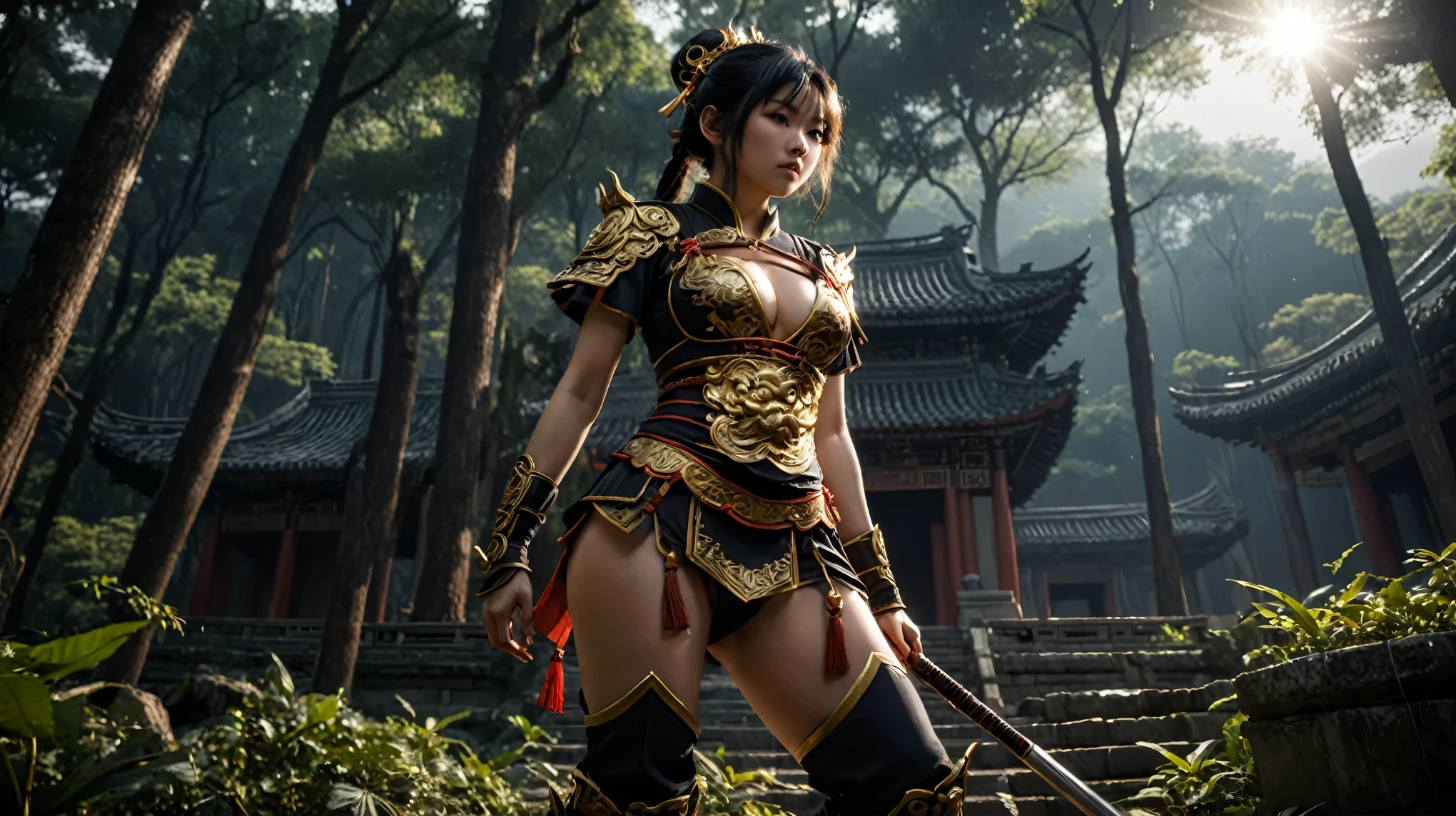 An ancient Chinese temple ruin in a forest, inspired by the game Black Myth Wu Kong, (low angle view), at dark night. (1girl, solo, alone), female Sun Wu Kong cosplayer, medium-breast slim:0.6 body, oval:0.4 face, cleavage:1.1, WU KONG's costume and outfits, GOLDEN CUDGEL, HOLDING WEAPON, (slightly leaning forward running pose), half-body thigh level medium shot, cinematic lighting, ray tracing.