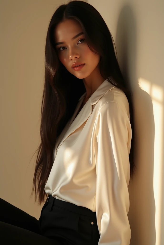 Attractive Italian female model with long straight black hair, 2, hairy, left shoulder leaning against the wall, (white satin blouse: 0.8), (black pants: 0.9), (white satin men's suit: 0.95) beautiful soft lighting, (color warm: 0.6), 3 studio lighting points,