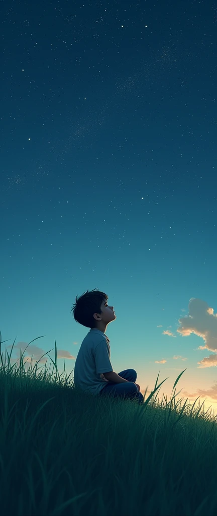 A realistic image of a boy sitting on a hill looking at the clear sky at night tall grasses lonely