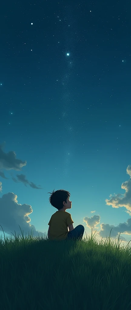 A realistic image of a boy sitting on a hill looking at the clear sky at night tall grasses lonely
