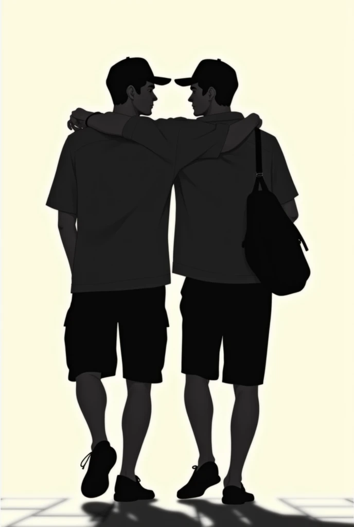 Generate me an image of just the silhouette of two people walking with the following descriptions, the people must be back to back, The person on the left should be looking at the person on the right and should have their arm resting on the person on the right&#39;s shoulder., Both people must wear a cap and shorts., The one on the left is wearing a shirt and the one on the right must be wearing a sweatshirt with a bag hanging from it., Both people must be men and must have a walking pose 
