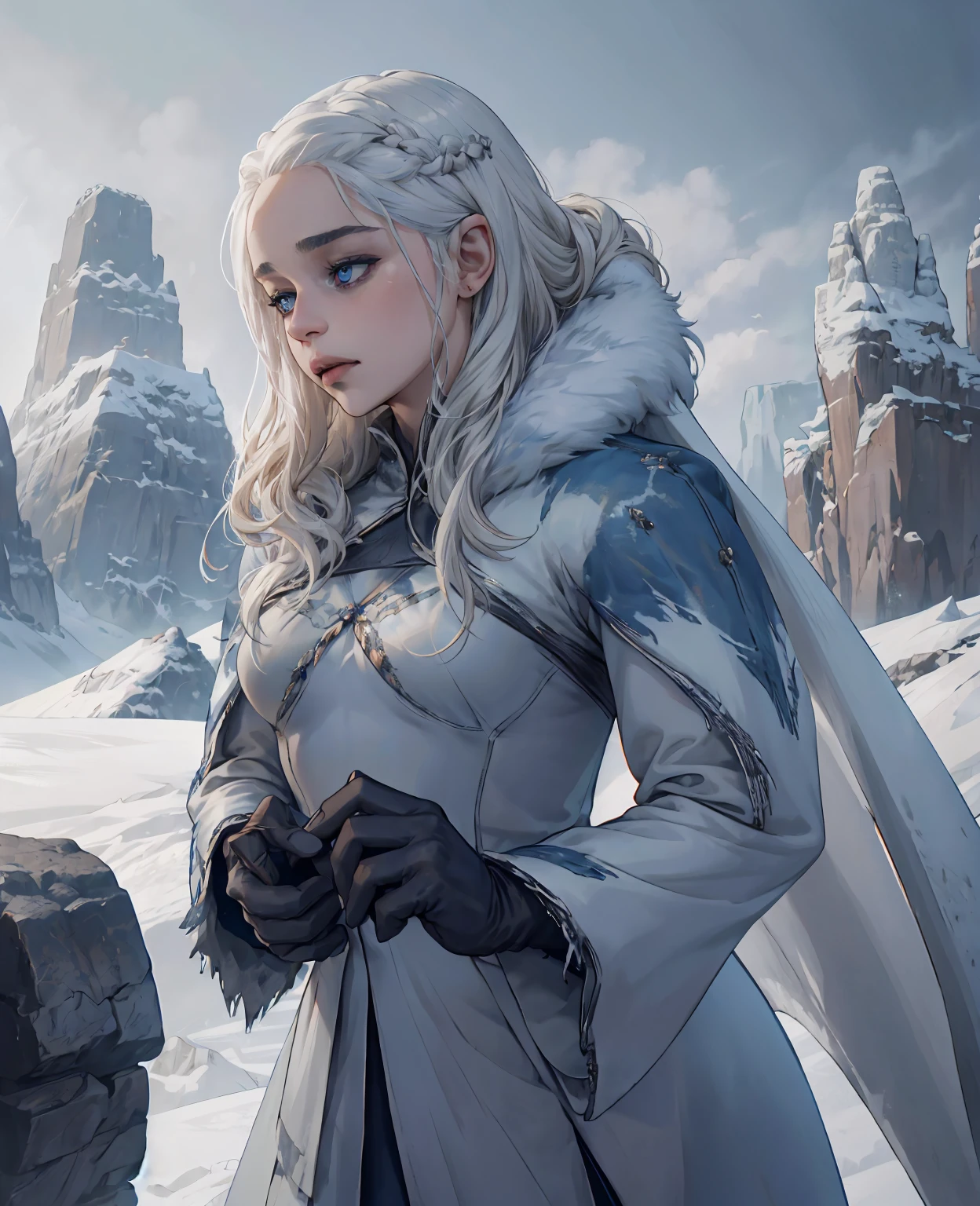 1 beautiful young woman with pale skin, intense blue eyes, and flowing silver hair, Emilia Clarke as the Ice Wanderer, wearing worn and tattered layers of thick wool and leather, a frayed fur coat, weathered boots, and fingerless gloves, braving a frozen wasteland with fierce determination, detailed facial features, intricate costume textures, atmospheric lighting, dramatic snowy landscape, dynamic pose, cinematic composition, muted color palette, photorealistic, 8k, highly detailed