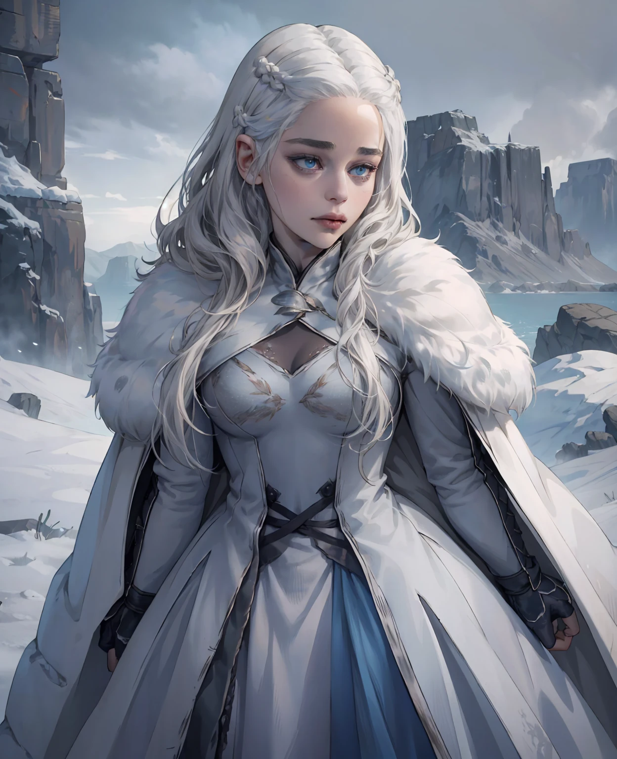 1 beautiful young woman with pale skin, intense blue eyes, and flowing silver hair, Emilia Clarke as the Ice Wanderer, wearing worn and tattered layers of thick wool and leather, a frayed fur coat, weathered boots, and fingerless gloves, braving a frozen wasteland with fierce determination, detailed facial features, intricate costume textures, atmospheric lighting, dramatic snowy landscape, dynamic pose, cinematic composition, muted color palette, photorealistic, 8k, highly detailed