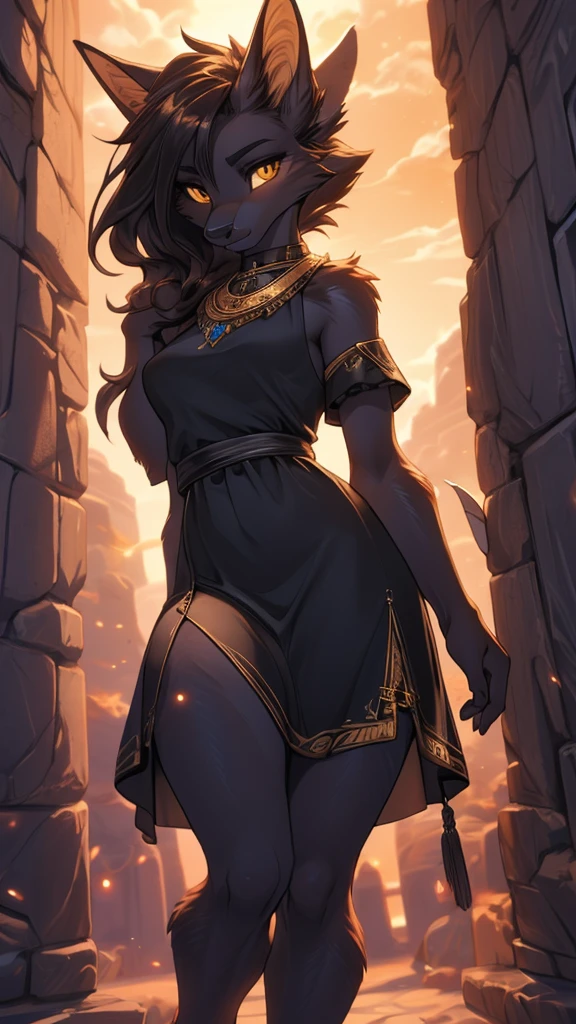 Masterpiece Best quality, the best definition to add aesthetic and lighting details Black girl jackal, egiptian clothes, teen girl, ,black body, egipt landscape, golden tattoo body, sensual eyes, yellow pupil, Ross Tran, by Ruan Jia, by zaush, por Foxovh, cinematic lighting, seductive, the debt, Vista de Whole body,((Whole body)) messy hair, submissive pose, view from below, ((horny and timid)) detailed, (8k the best quality, masterpiece ) Posing, Very good, Beautiful, smalldetailed, shy and seductive posture arching back down so that we can see her, absurd res, casual black clothes, (black dress, vestido corte cola de sinera, moatrando las piernas, vestido entallado y sensual marcando la figura, caderas anchas muslos grueso, chca sensual), patas hermosas, garras en las patas