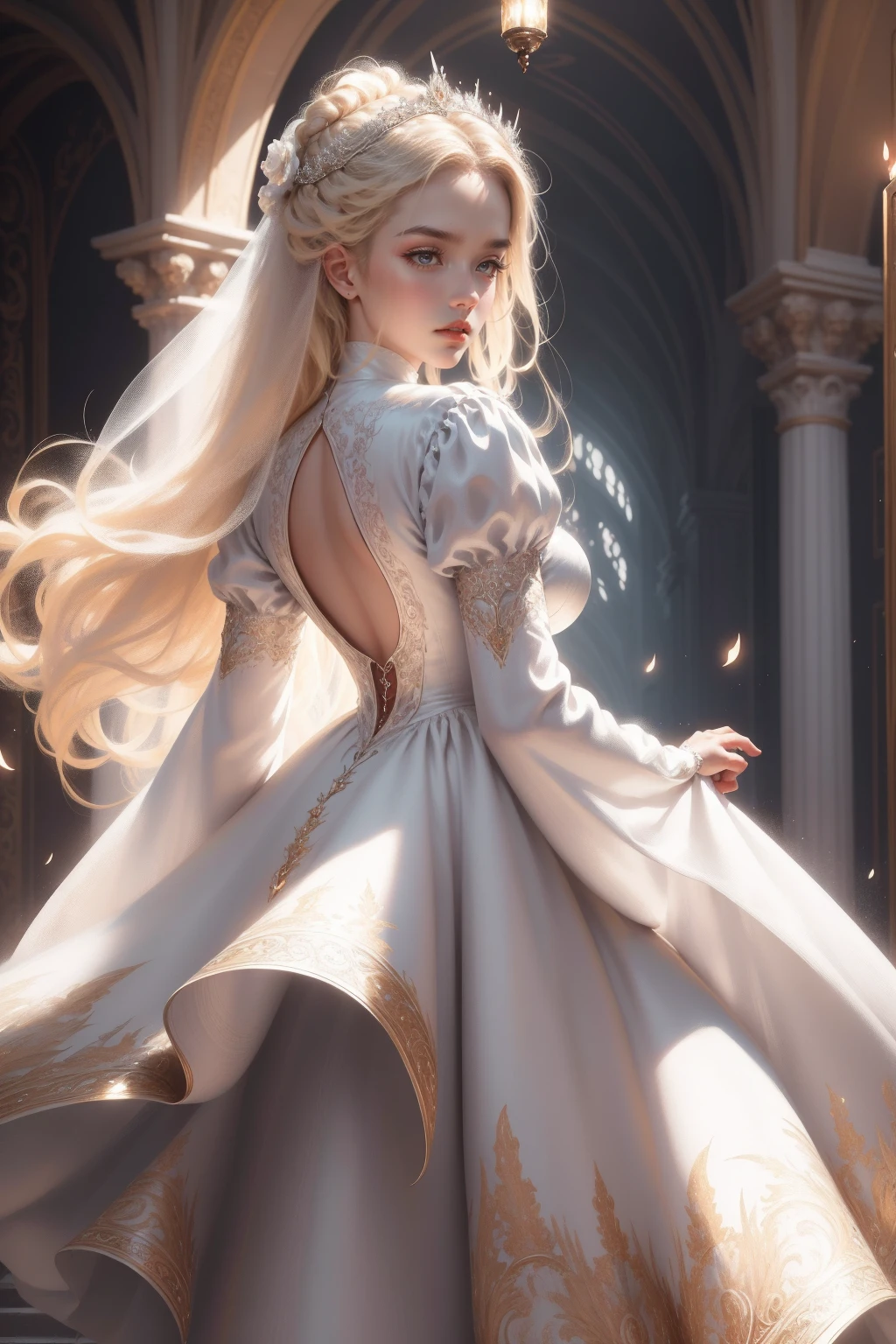 (Masterpiece - Ultra-detailed, very high resolution) Prepare to be enchanted by a true masterpiece that combines ultra-detailed art with high-resolution rendering. This work depicts a mesmerizing woman with very long blond hair (1.3) and captivating gray eyes (1.2), emanating an aura of elegance and mystery in Victorian settings. The intricate details and realistic textures invite you to explore every aspect of this enchanting composition. Woman wearing beautiful classic Victorian costume from the year 1878. Red lips. Happy face. Smiling. white (white) dress. Walking, backwads, looking back, upper body, dynamic poses. Get ready to dive into a world where beauty and craftsmanship merge perfectly.