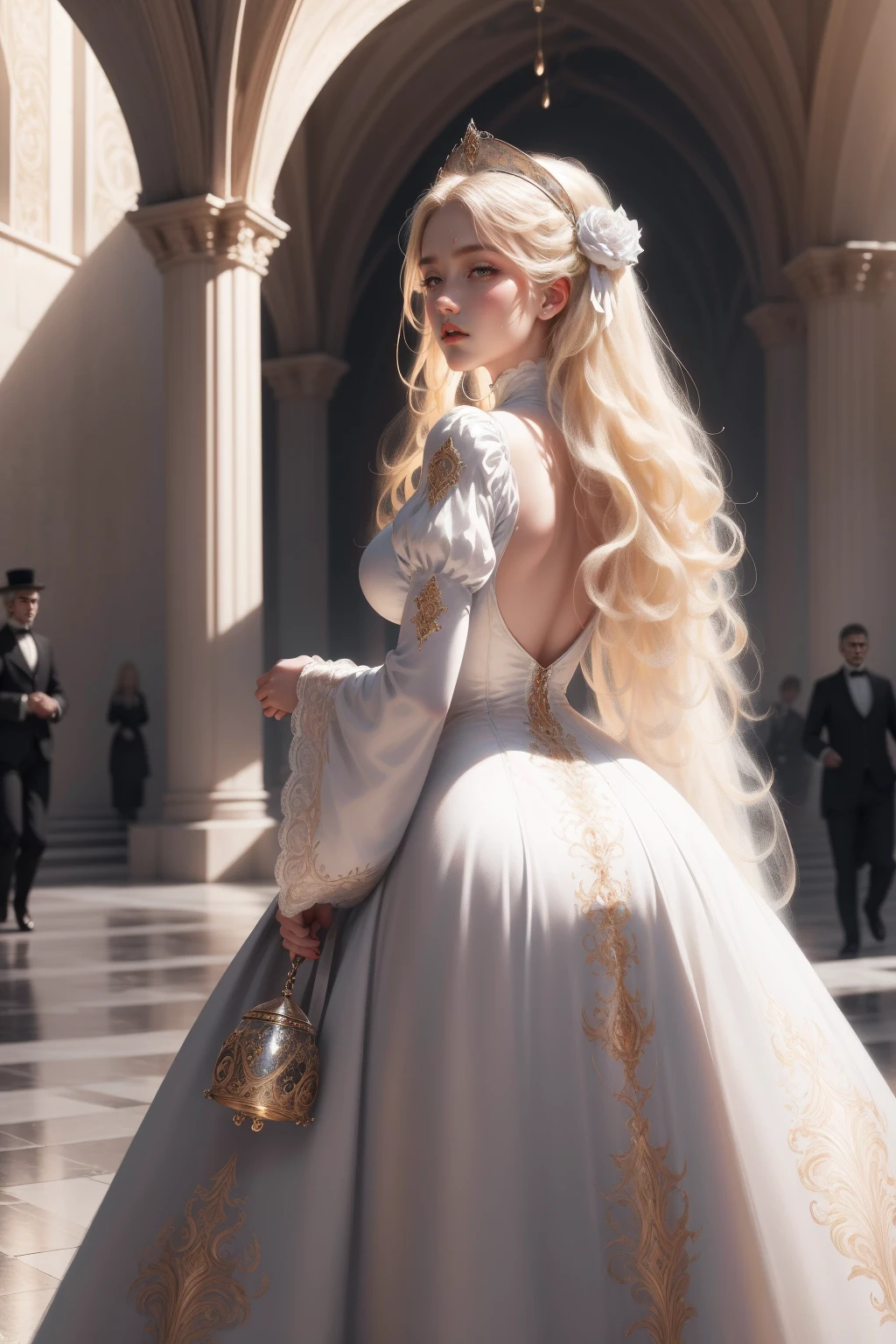 (Masterpiece - Ultra-detailed, very high resolution) Prepare to be enchanted by a true masterpiece that combines ultra-detailed art with high-resolution rendering. This work depicts a mesmerizing woman with very long blond hair (1.3) and captivating gray eyes (1.2), emanating an aura of elegance and mystery in Victorian settings. The intricate details and realistic textures invite you to explore every aspect of this enchanting composition. Woman wearing beautiful classic Victorian costume from the year 1878. Red lips. Happy face. Smiling. white (white) dress. Walking, backwads, looking back, upper body, dynamic poses. Get ready to dive into a world where beauty and craftsmanship merge perfectly.