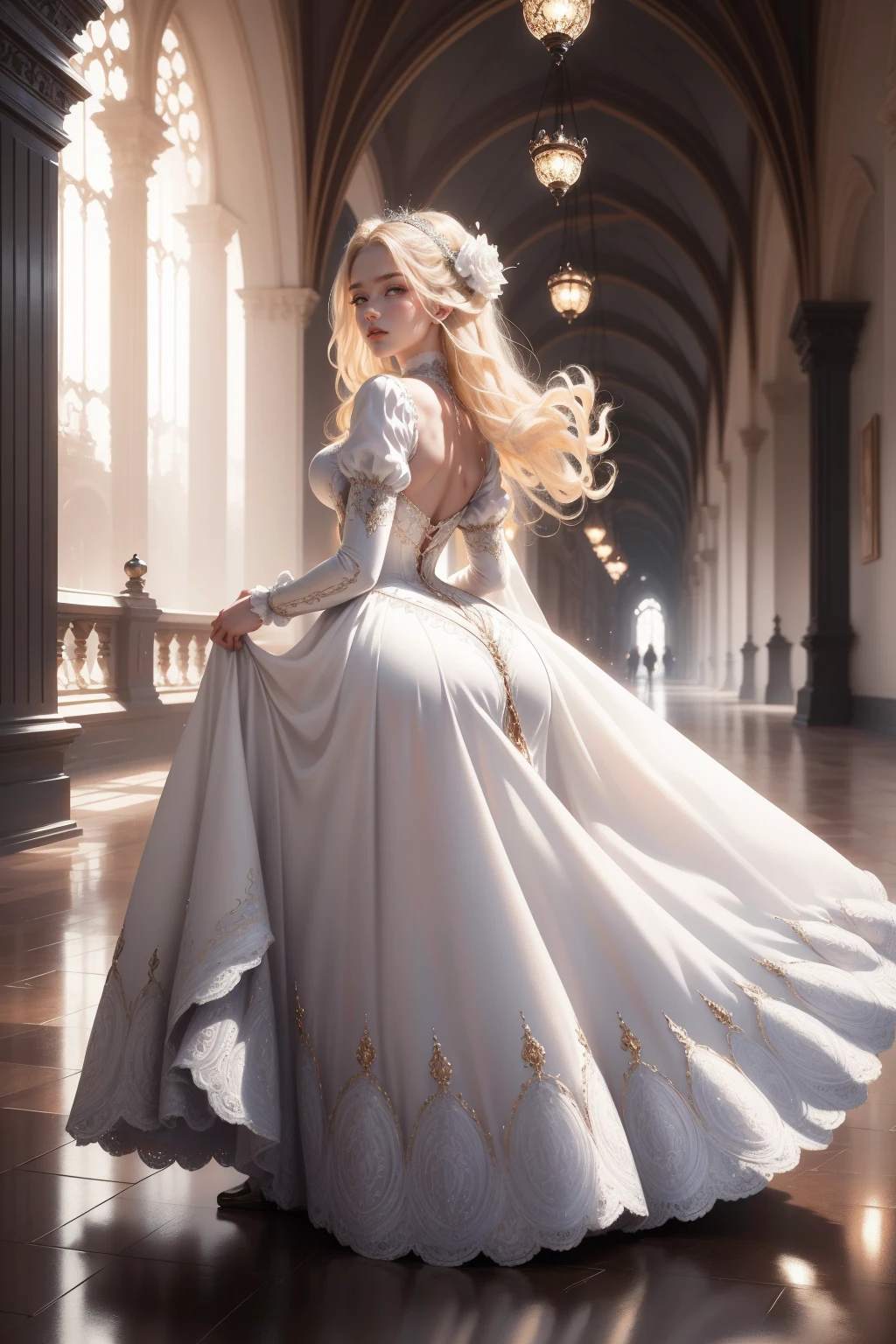 (Masterpiece - Ultra-detailed, very high resolution) Prepare to be enchanted by a true masterpiece that combines ultra-detailed art with high-resolution rendering. This work depicts a mesmerizing woman with very long blond hair (1.3) and captivating gray eyes (1.2), emanating an aura of elegance and mystery in Victorian settings. The intricate details and realistic textures invite you to explore every aspect of this enchanting composition. Woman wearing beautiful classic Victorian costume from the year 1878. Red lips. Happy face. Smiling. white (white) dress. Walking, backwads, looking back, upper body, dynamic poses. Get ready to dive into a world where beauty and craftsmanship merge perfectly.