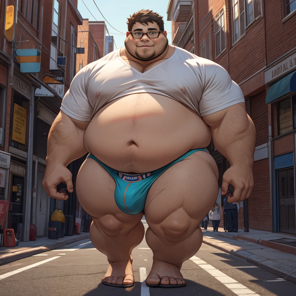 Full shot photo, American high school Obese kid student, Huge obese Sumo Wrestler in thong, very obese, obese arms, obese legs, nerd, admiring his huge body, broken glasses, He is taking a protein shake that causes his body to start growing, swelling and gaining a lot of weight and muscle as part of an experiment, walking down the street, All body, detailed face, detailed eyes, detailed nose, defined face, big belly, high resolution settings, Whismical model, detailed eyes, detailed hands