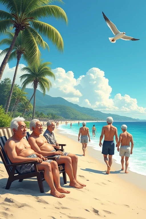 Japanese middle-aged men,beach,


