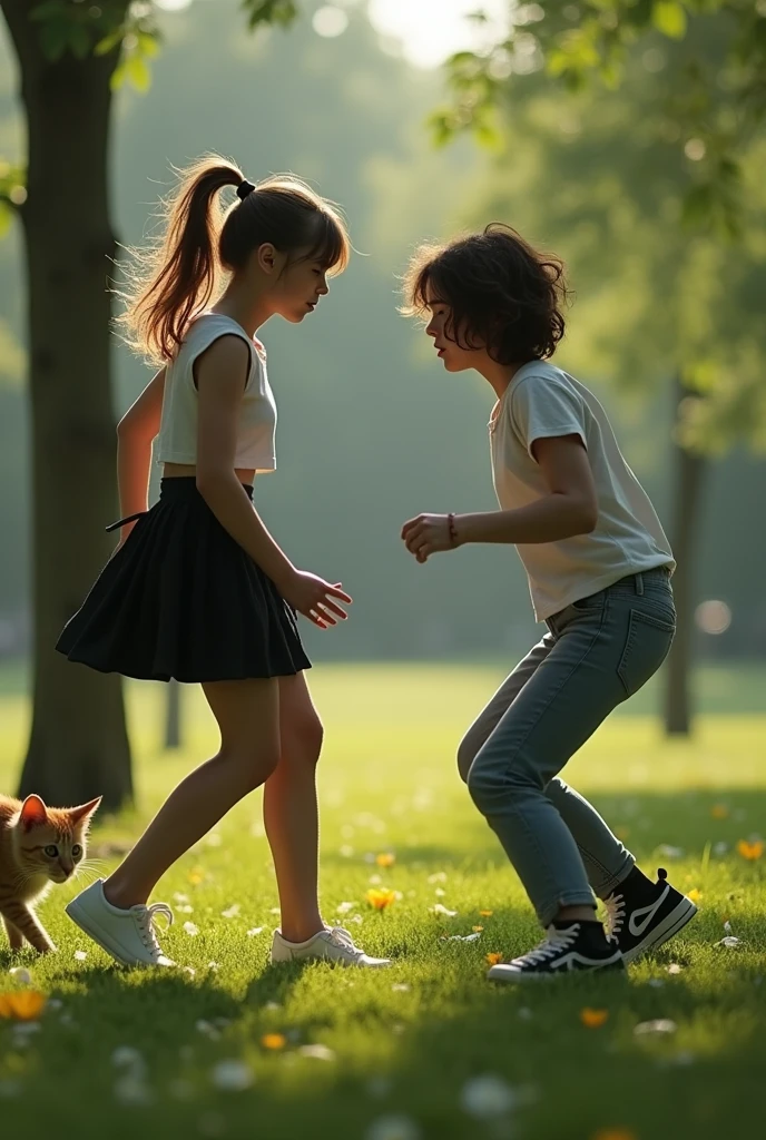 (photorealism:1.2), Girl in white crop top and black skirt hypnotized into acting like a cat in a park fights with a friend of hers