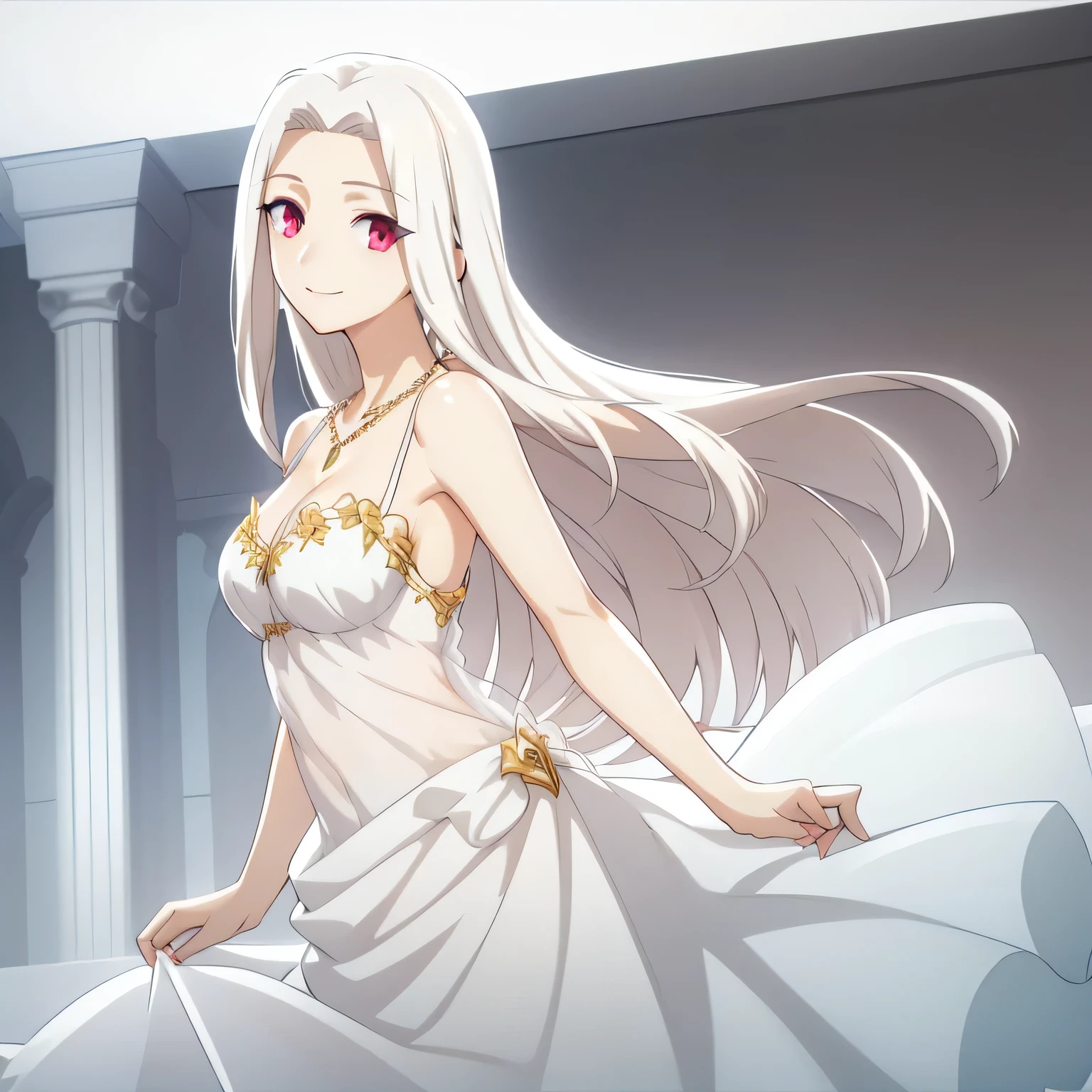 Irisviel,Sheer Cold Shoulder Sleeveless Dress,Single,Looking at the viewer,beautiful smile,arm at side,middle breast size,beautiful necklace,Angle from behind,looking at viewer from behind,breasts appears from side angle