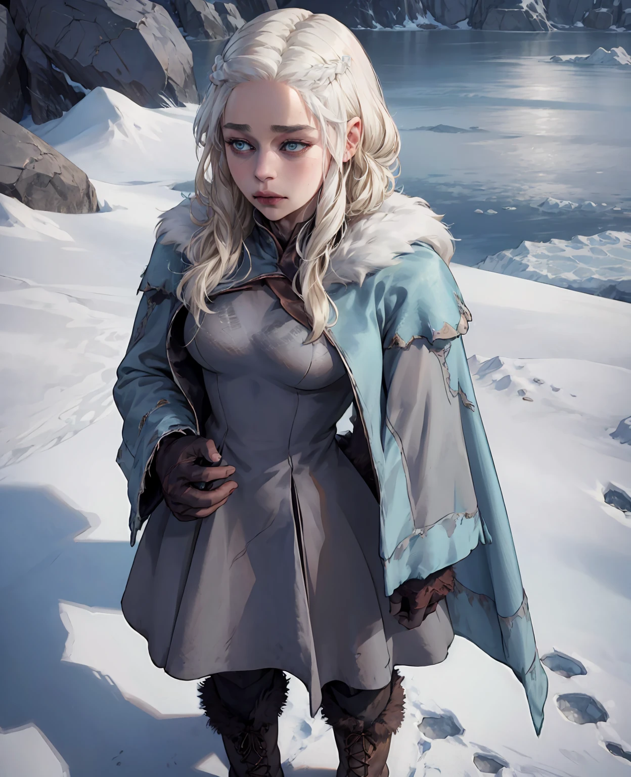 **Emilia Clarke as the Ice Wanderer:** In worn, tattered layers of wool and leather, frayed fur coat, weathered boots, and fingerless gloves, she braves the frozen wasteland with fierce determination.