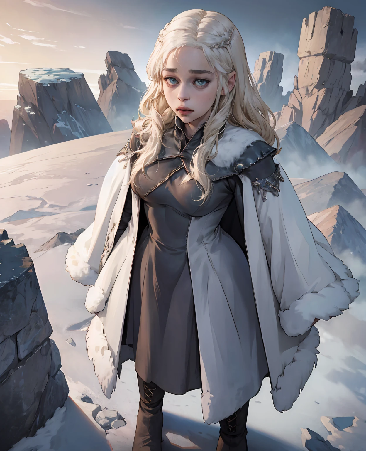 **Emilia Clarke as the Ice Wanderer:** In worn, tattered layers of wool and leather, frayed fur coat, weathered boots, and fingerless gloves, she braves the frozen wasteland with fierce determination.