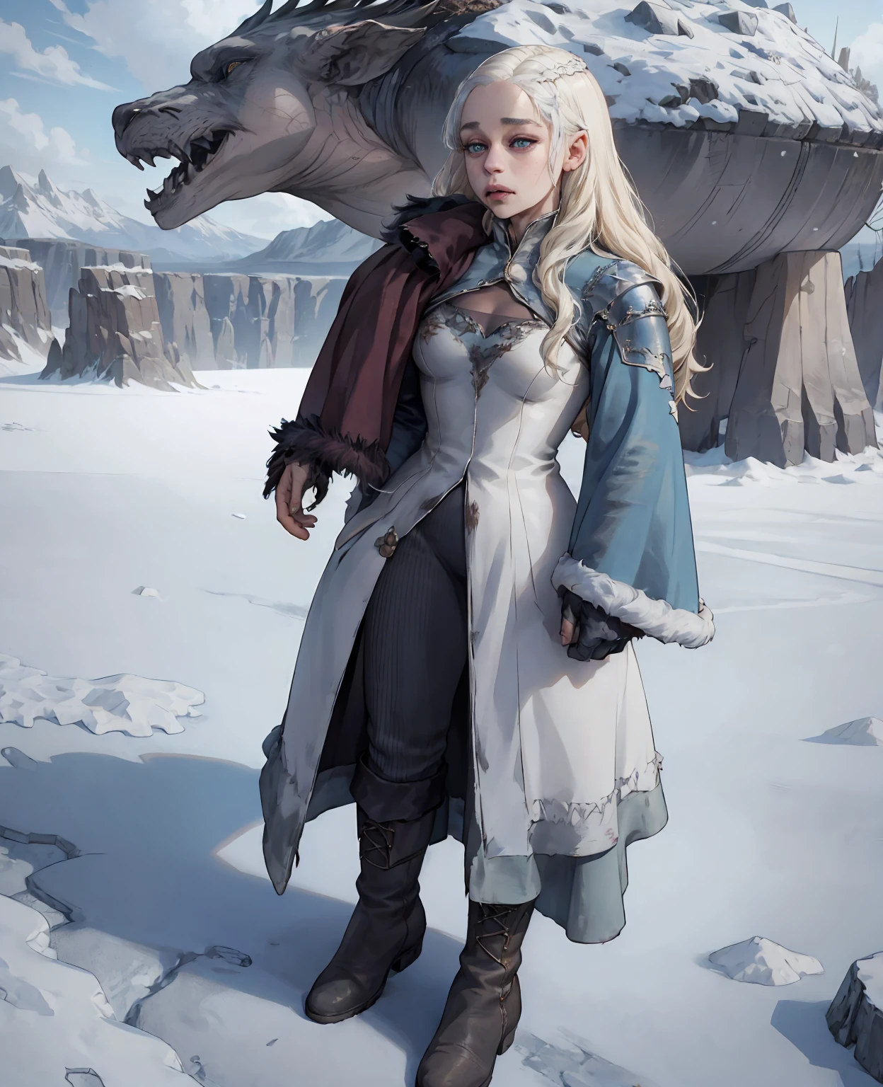 **Emilia Clarke as the Ice Wanderer:** In worn, tattered layers of wool and leather, frayed fur coat, weathered boots, and fingerless gloves, she braves the frozen wasteland with fierce determination.