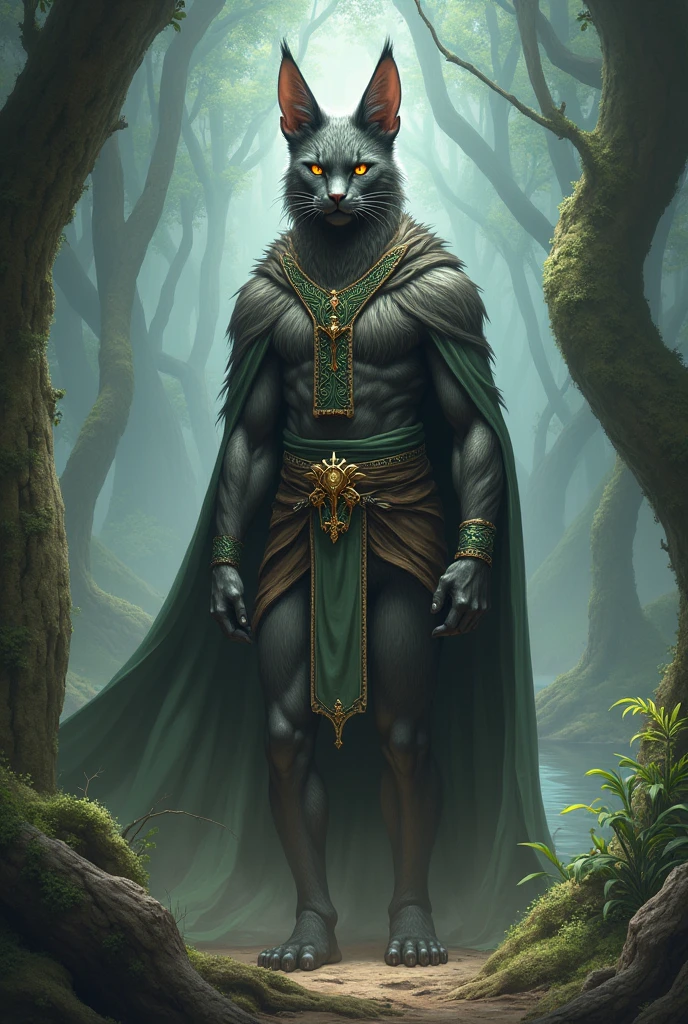 Gods of the Tabaxi Jalil Physical Characteristics: A feline figure with features of a big cat, like quick hairs and bright eyes. Jalil has an elegant and curious presence, with an appearance that reflects his hunting and mysterious nature.