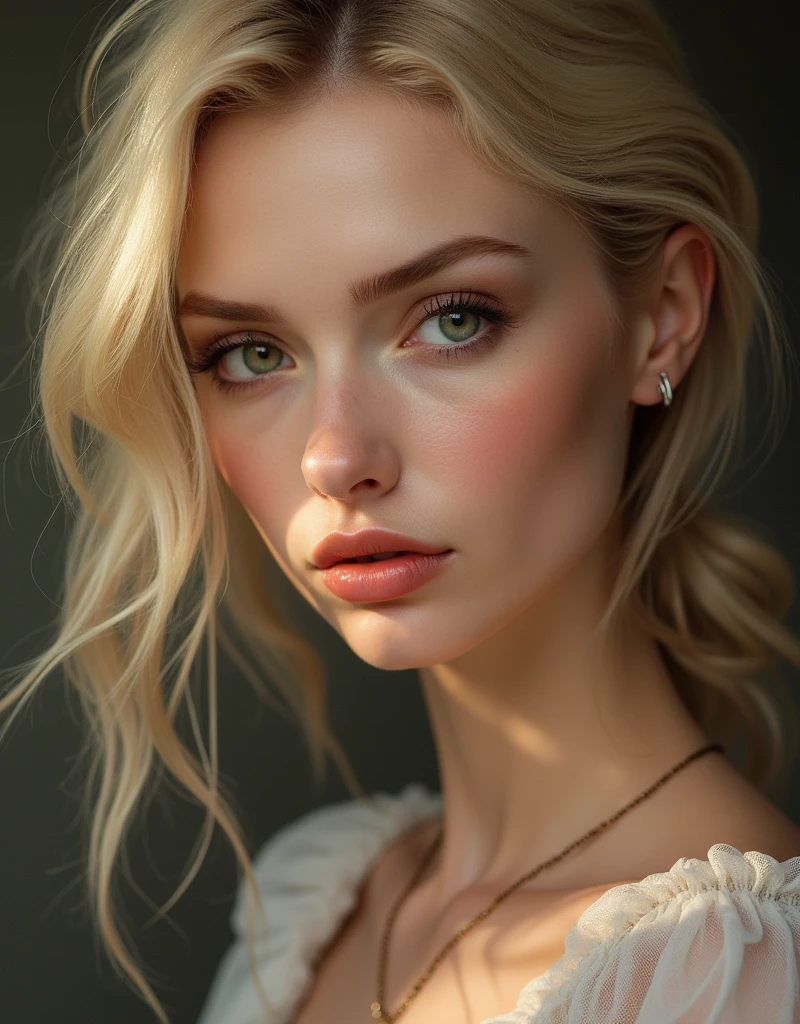 (((best qualityer))), highly detailed, high resolution. 2 female, blondie hair, clear green eyes, fleshy lips, heavy make-up, with hair thrown to the side, right ear showing without earring, portrait style 