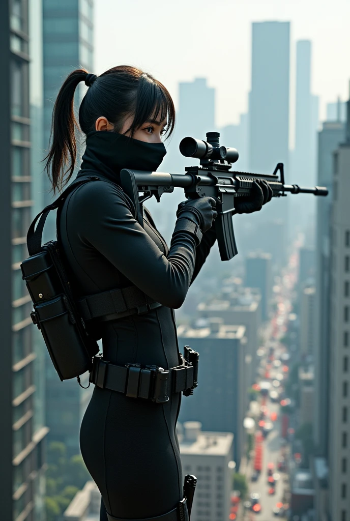 A Japanese female sniper wearing a cloth mask stands on the rooftop of a high-rise building.