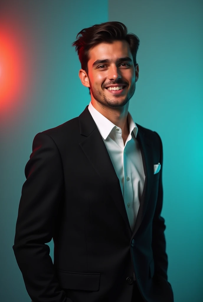 A young man with dark hair and a confident smile. He is dressed in a black blazer over a white shirt. The man is positioned against aqua colour backdrop with a subtle red lighting on the left side. and he posing for Linkedin profile