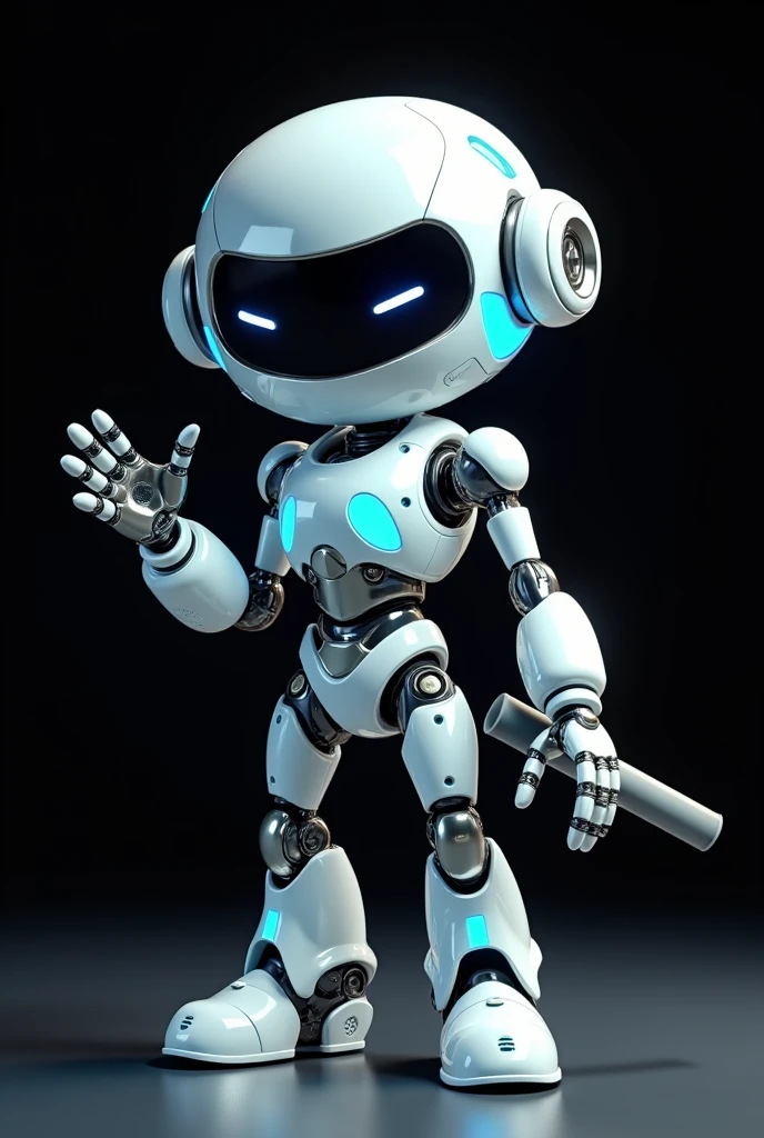 A cute and cuddly 3d robot character with a ratio of 2 heads, white and blue color scheme, holding a baton in one hand and making a welcome gesture with the other, standing in front of a black background, highly detailed, realistic, 8K, award-winning illustrations, concept art, beautiful lighting, soft shadows, shimmering metal surfaces, warm hues, Dynamic pose, inviting expression, complex mechanical design, cinematic perspective, seamless integration of technology and organic form