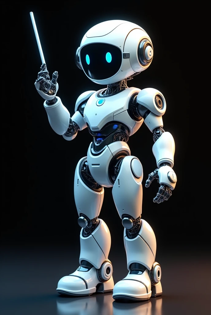 A cute and cuddly 3d robot character with a ratio of 2 heads, white and blue color scheme, holding a baton in one hand and making a welcome gesture with the other, standing in front of a black background, highly detailed, realistic, 8K, award-winning illustrations, concept art, beautiful lighting, soft shadows, shimmering metal surfaces, warm hues, Dynamic pose, inviting expression, complex mechanical design, cinematic perspective, seamless integration of technology and organic form
